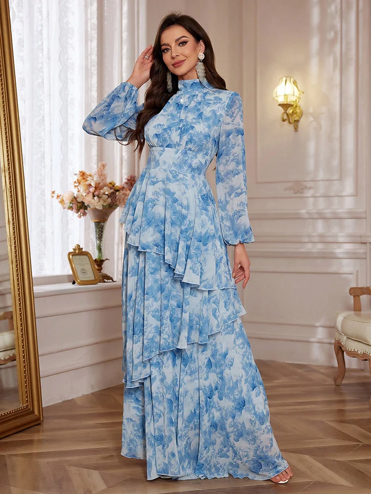 

TOLEEN 2024 Spring Summer Casual Elegant Formal Party Maxi Dresses Women Floral Print Lantern Sleeve Ruffle Trim Chiffon Dress