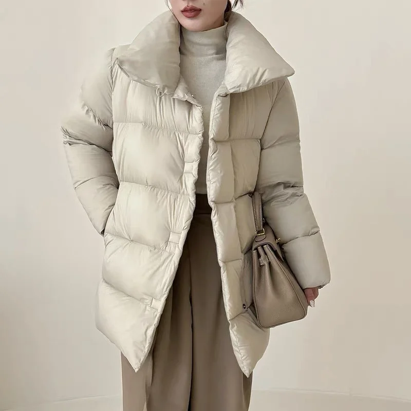 

Winter Down Coats Women 2025 Retro Chinese Style Mid-length Thick Jacket 90% White Duck Tide Loose Stand-up Collar Sweet Fresh