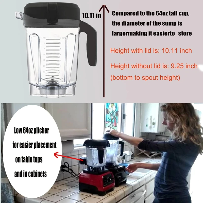 Blender Pitcher 64Oz Low-Profile With Tamper,For Vitamix 750 5200 5000 6300 7500 Vm0102 Vm0103 Classic/Commercial Etc