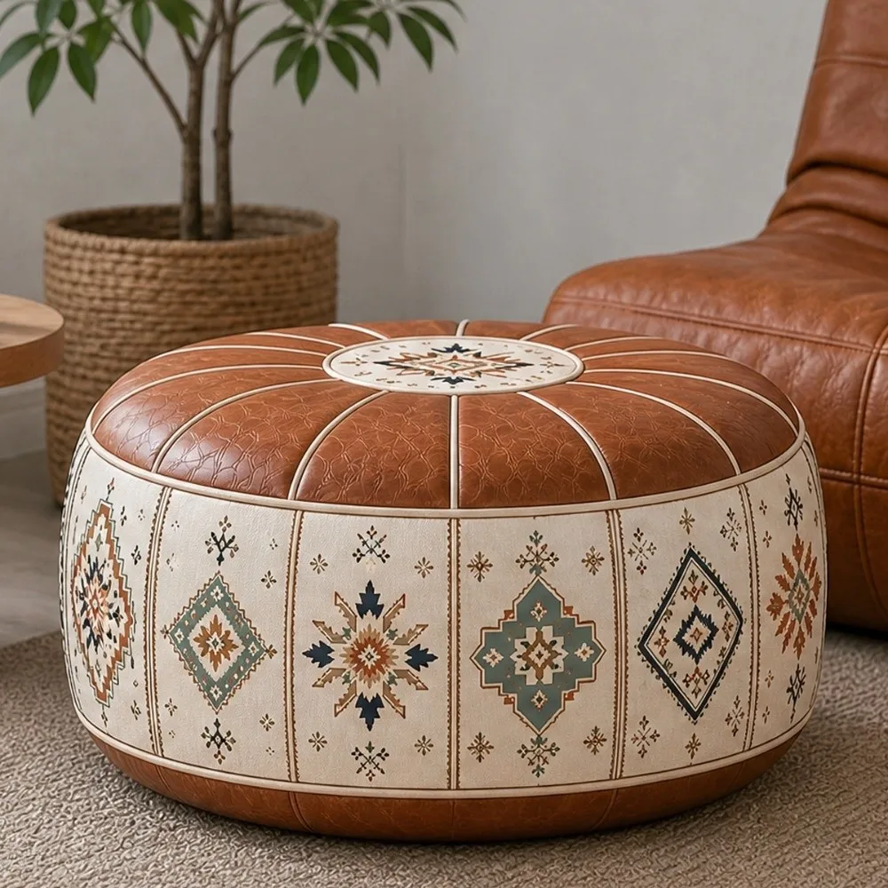 Boho Pattern Ottoman Pouf Fillable Design PU Leather Footstool Cover Large Opening Water Resistant Floor Seat Cushion Home Use
