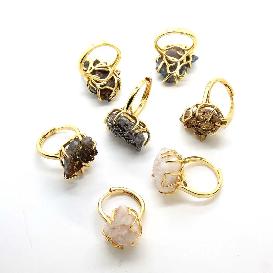 Colorful Crystal Stone Rings For Women Men Natural Irregular Druzy Geode Quartz Rainbow Agate Crystal Stone Finger Ring Jewelry view 3