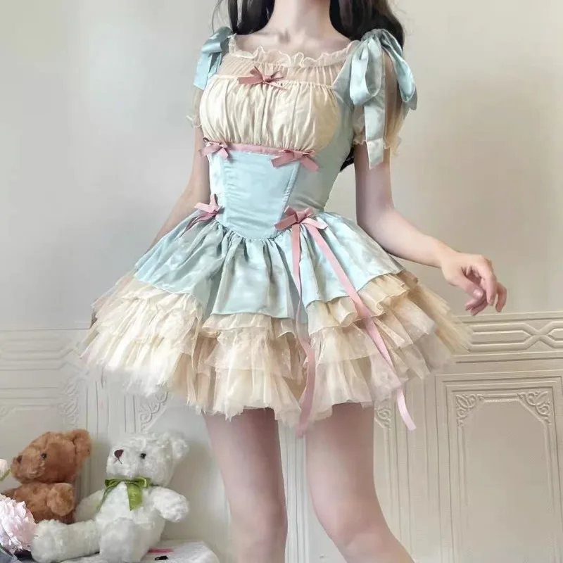 

Japanese Sweet Cute Lolita Strap Dress for Women Summer Slim Waist A-line Dresses 2025 New Puff Sleeve Vestidos De Mujer