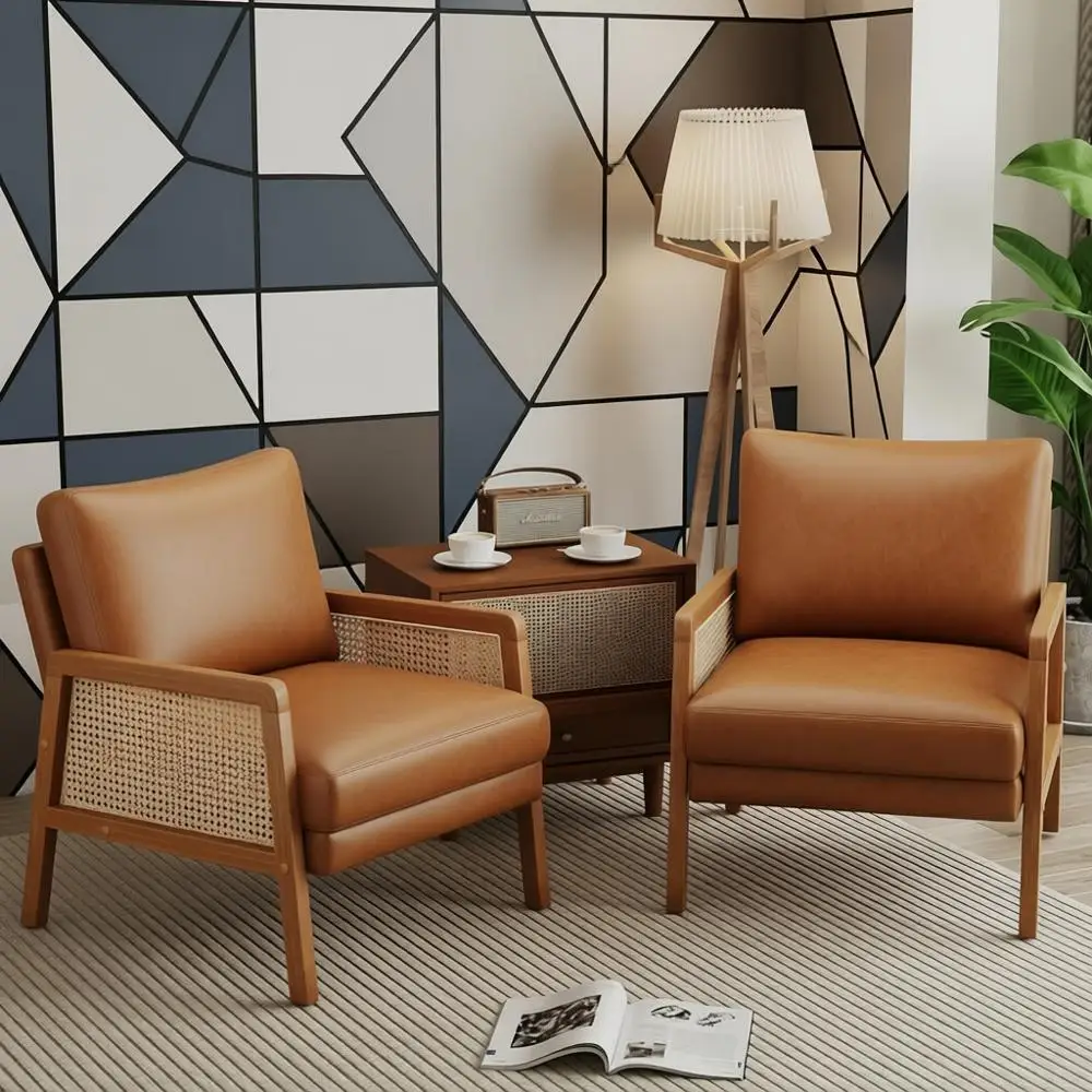 

Pair of Modern Faux Leather Accent Chairs: Natural Rattan Armchairs for Living Room, Bedroom Reading Nook