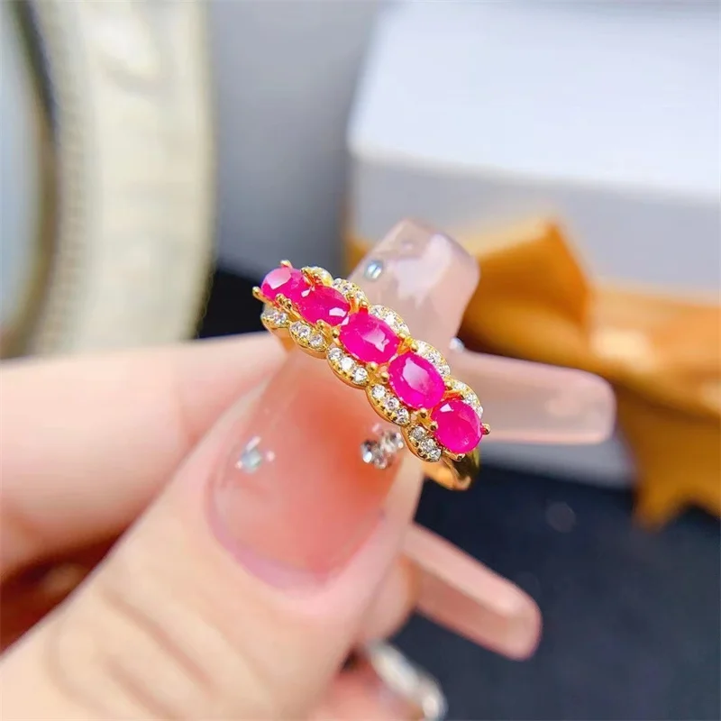 Cincin Pernikahan perak murni 925 asli dapat digenggam emas kuning 18k untuk wanita 4x3mm Ruby dengan sertifikat