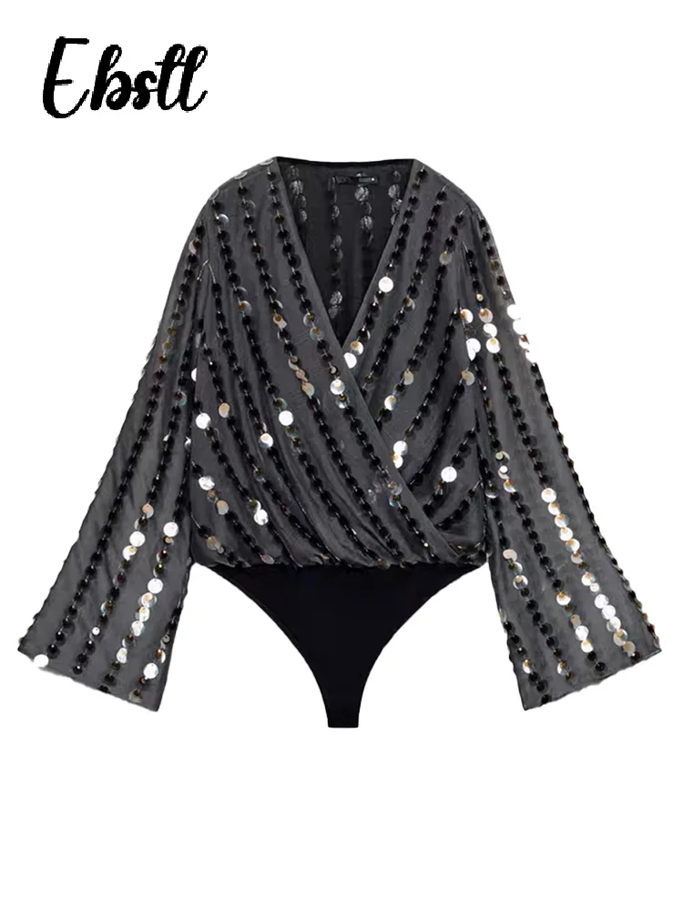 Combinaisons Sexy à paillettes et col en v pour femmes, body à manches évasées, à la mode, brillant, assorti avec tout, nouvelle collection printemps 2026