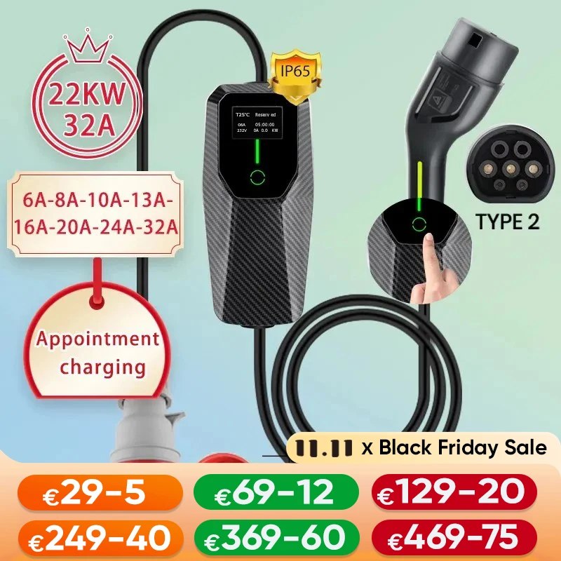 Portable Type 2 EV charger 3.5KW-22KW | 1 Phase / 3 Phase Compatible | 6A-32A Adjustable | IP65 Commercial Charging Station for