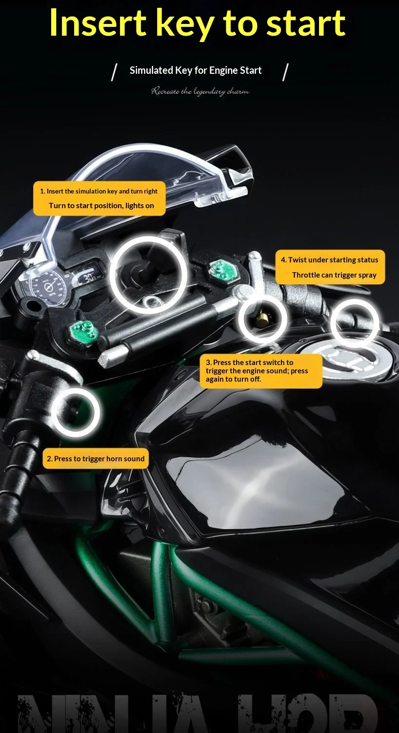 Kawasaki Ninja H2R 1:9 Motorradmodell aus Legierung mit Rauchsprüheffekt, Sammleredition, Geschenkbox für Motorradsammler – Detail 12
