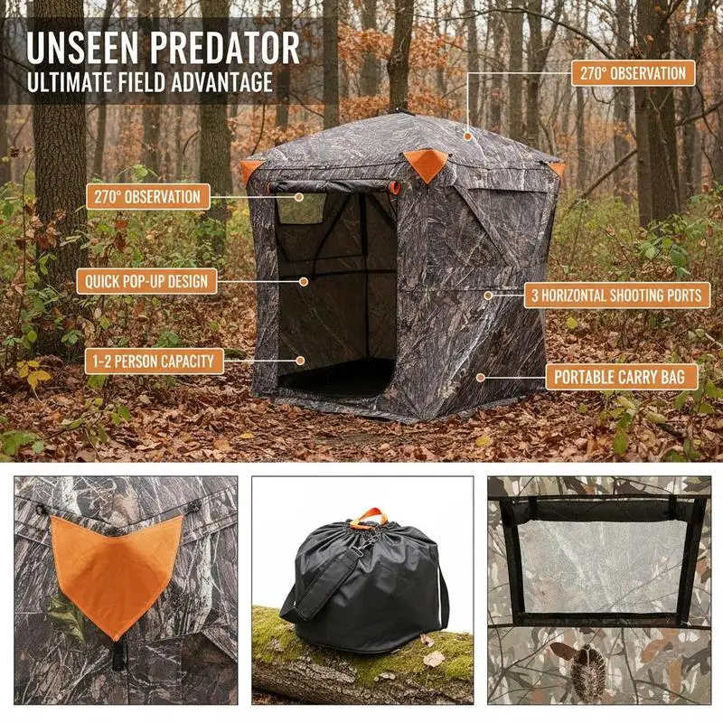 Ground Hunting Tent 60x60x66 Inches For Deer Hunting Turkey Season Archery, 270 Degree One Way Mirror Vision 3 Horizontal Windows Resilient Fabric Portable Carrying Bag Pop Up Design 1-2 Person Capacity 300D Oxford Cloth Outdoor Concealment Gear view 6