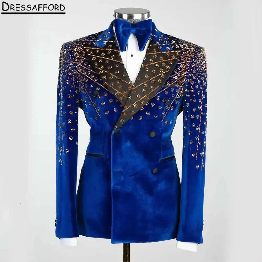 Royal Blue Two Pieces Men Suits Gold Beading Crystal Evening Party Blazer Groom Wear Jacket + Pants