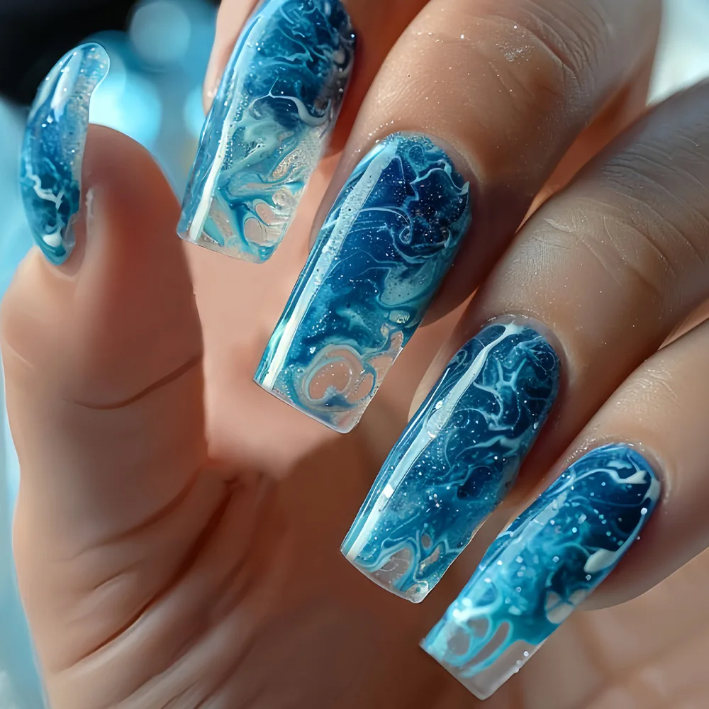 

24PCS Lightning Sea Wave False Nails Patterns Gradient Medium Square Stripe Blurred French Press on Nails Full Cover Wearable