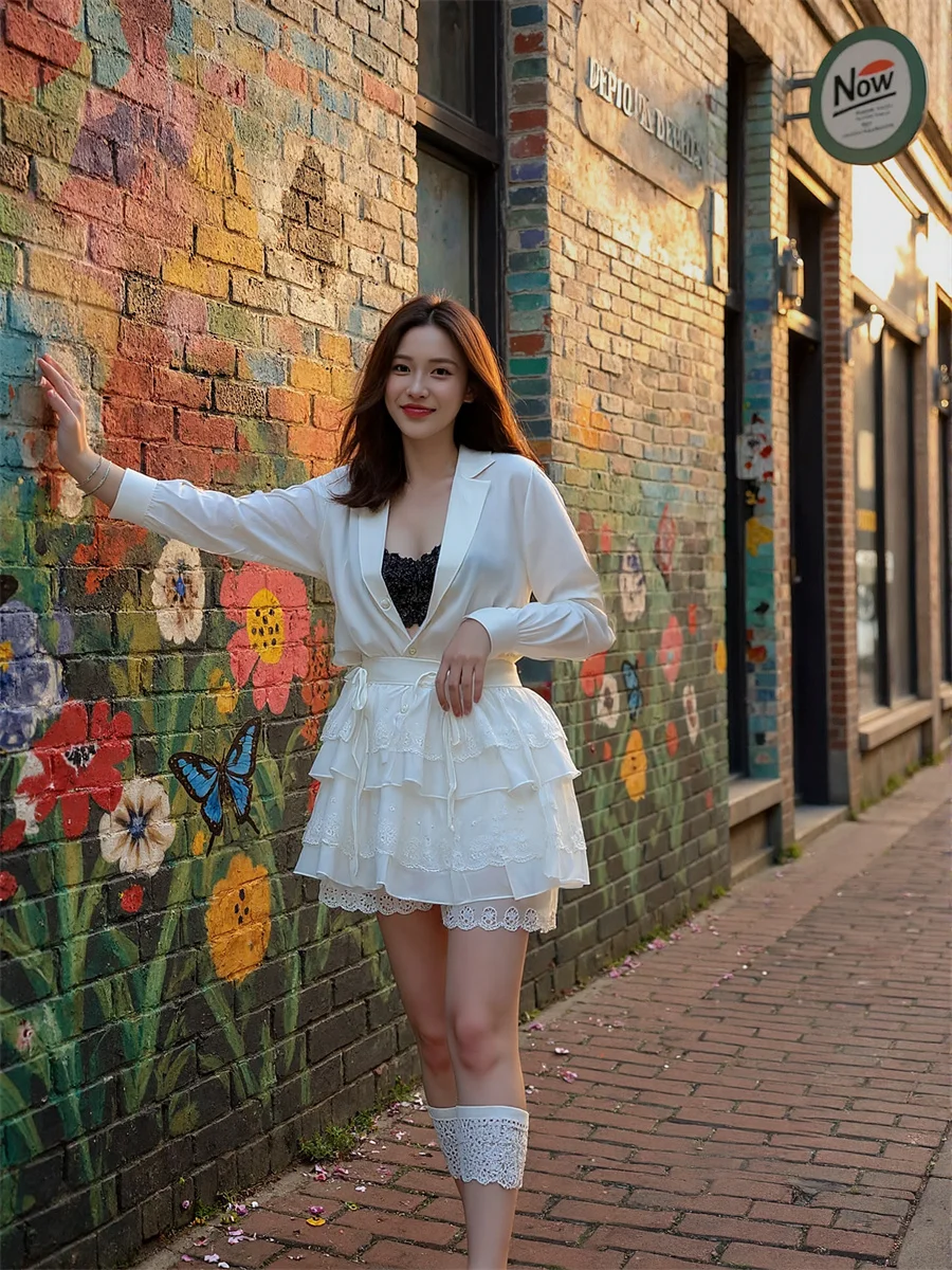 Renda retalhos saias doces das mulheres estética bainha irregular malha em camadas chique plissados babados brilhante escritório moderno