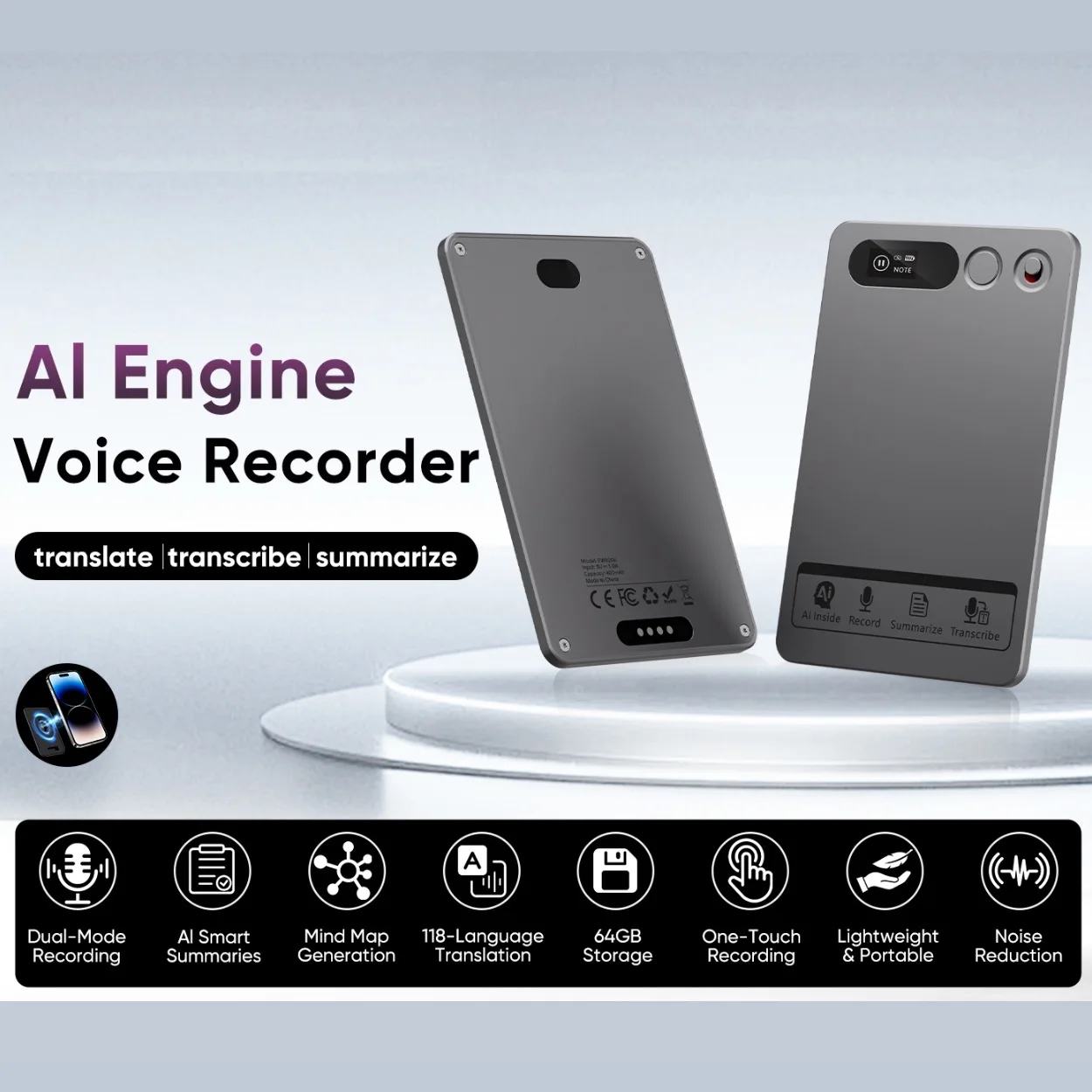 

AI ChatGPT-4 Интеллектуальный диктофон Управление приложением 118 языков 64 ГБ Компактный портативный рекордер с магнитным притяжением Summarize