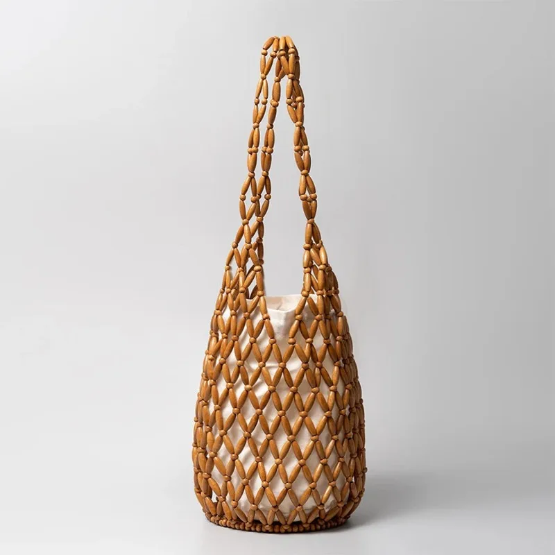 Women Woven Hand Bag Summer Design Hollow-Out Wooden Bead Tote Bucket Shoulder Bag Female Reticulate Netted Canvas Beach Handbag