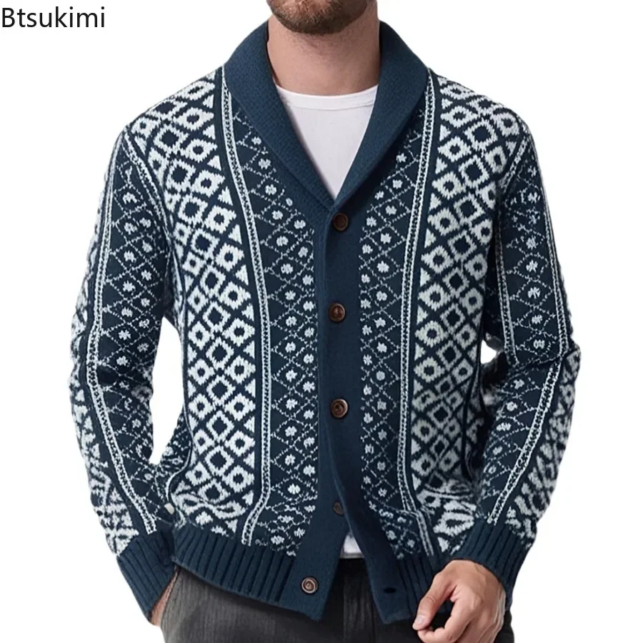 Vintage Jacquard Knitwear Sweater Coats Men's Fashion Thick Business Casual Button-up Knitted Cardigan Coats Men Street Sweaters