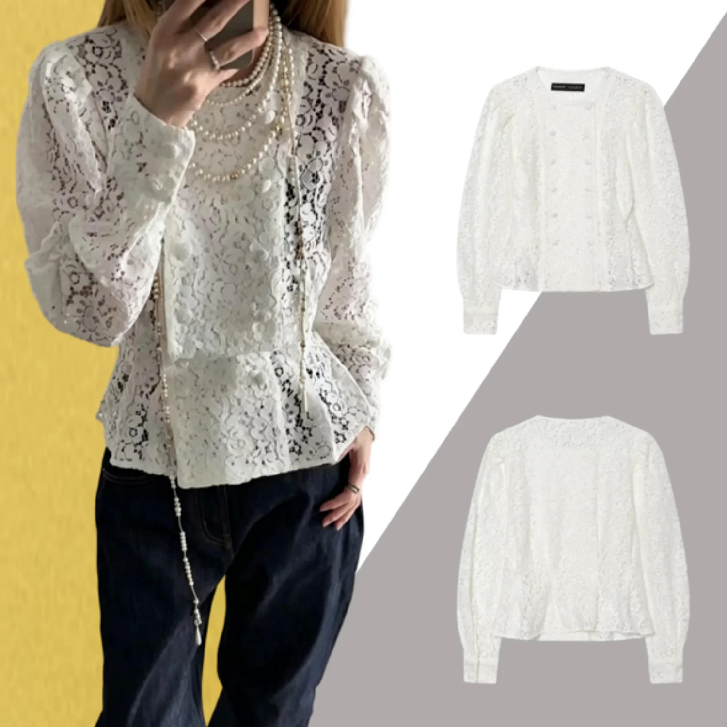 

Women's French-style lace romantic embroidered crochet decorated double-breasted top jacket, long sleeves, round neck, pleated