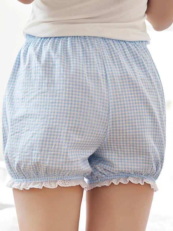 Sweet Lolita Bloomer Light Blue White Two-Toned Plaids Ghingham with White Trim shorts for women