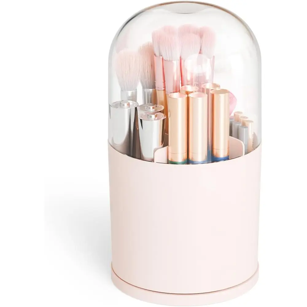 Rotating Acrylic Makeup Brush Holder with Lid, Vanity, Bathroom, Countertop, Covered Makeup Brushes Organizer, Round Spinning Co