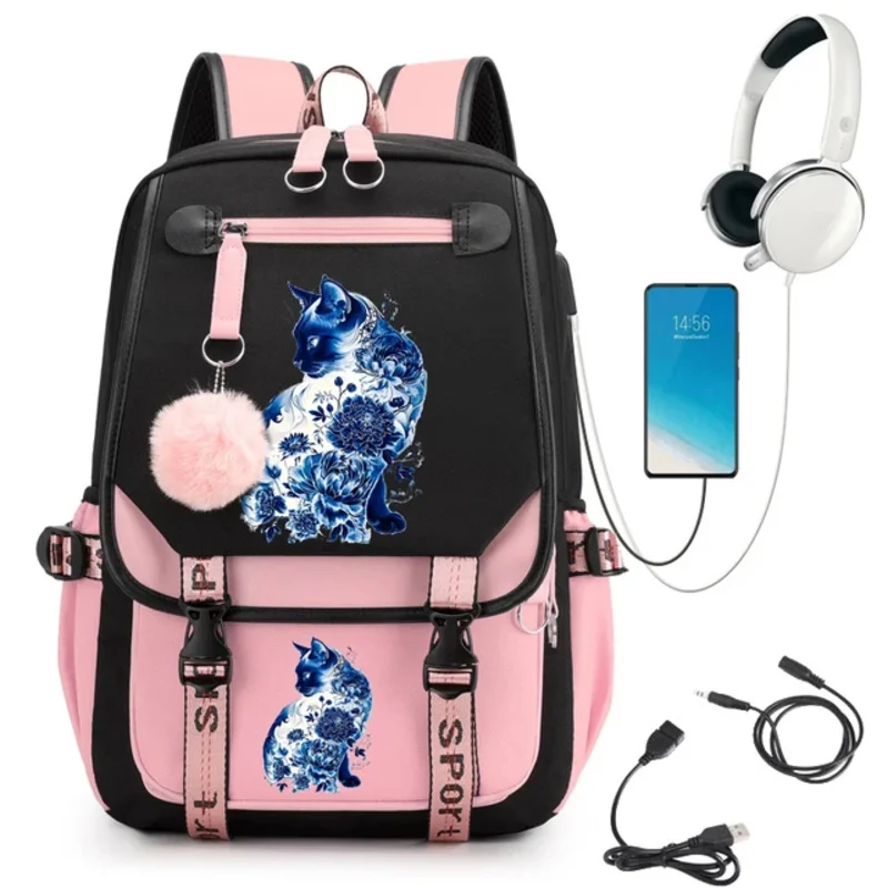 Sac à Dos d'École Imprimé Chat Bleu Mignon, Cartable d'École de Dessin Animé, Cartable pour Étudiant et Adolescent, Ordinateur Portable Mochila, Sac de Voyage Kawaii