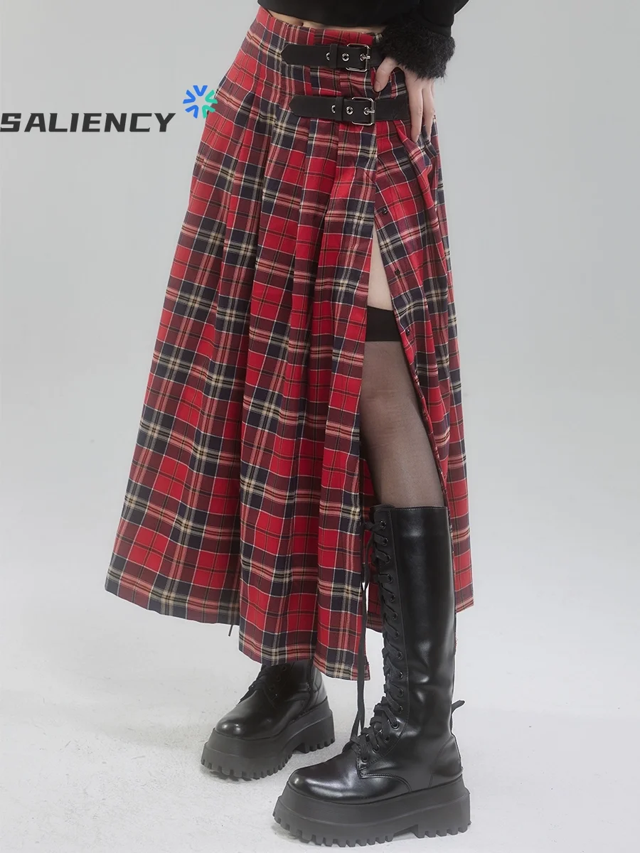 French Retro Red Plaid A-Line  Long Skirt for Women High Waist Straight Mid-Length Split Pleated Skirts Streetwear Y2k Spring