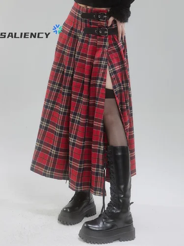 Imagen 1 del producto Falda larga acampanada a cuadros rojos Retro francés para mujer, faldas plisadas rectas de cintura alta de longitud media, ropa de calle Y2k para primavera