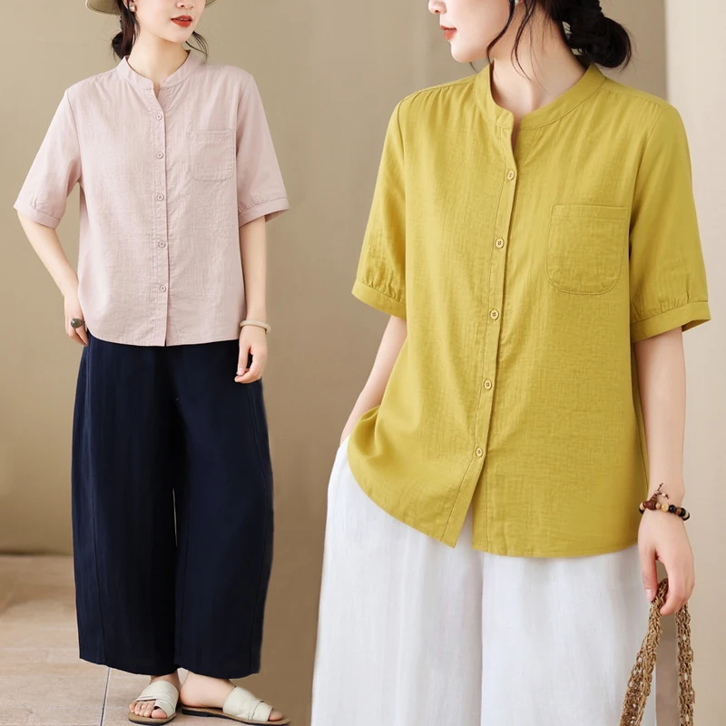 

Slimming Effectiveness plus Size Women's Shirt Summer New Loose Short Sleeve Stand Collar Blouse Outerwear Comfortable Breath...