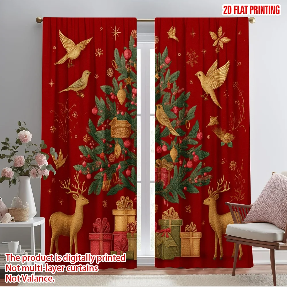 

2pcs,2D plane printing Contemporary Curtains Reindeer_ Tree_ Presents Durable 100% Polyester Fabric (without rod) All Seasons