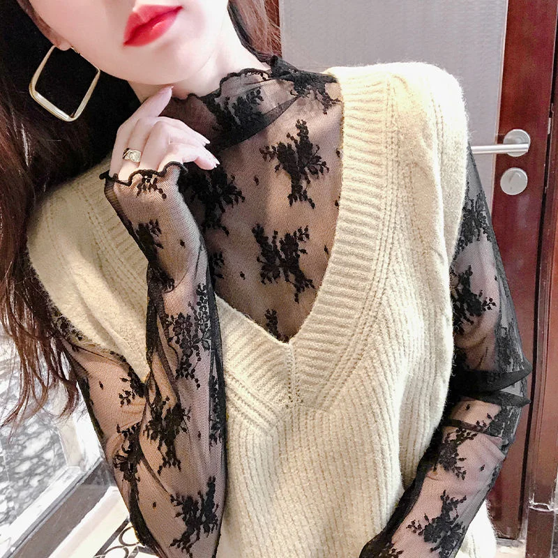 White Half High Collar Lace Bottomed Blouse Women Summer Thin Style With Wooden Ears Large Sexy Wispy Empty Mesh Fashion Tops