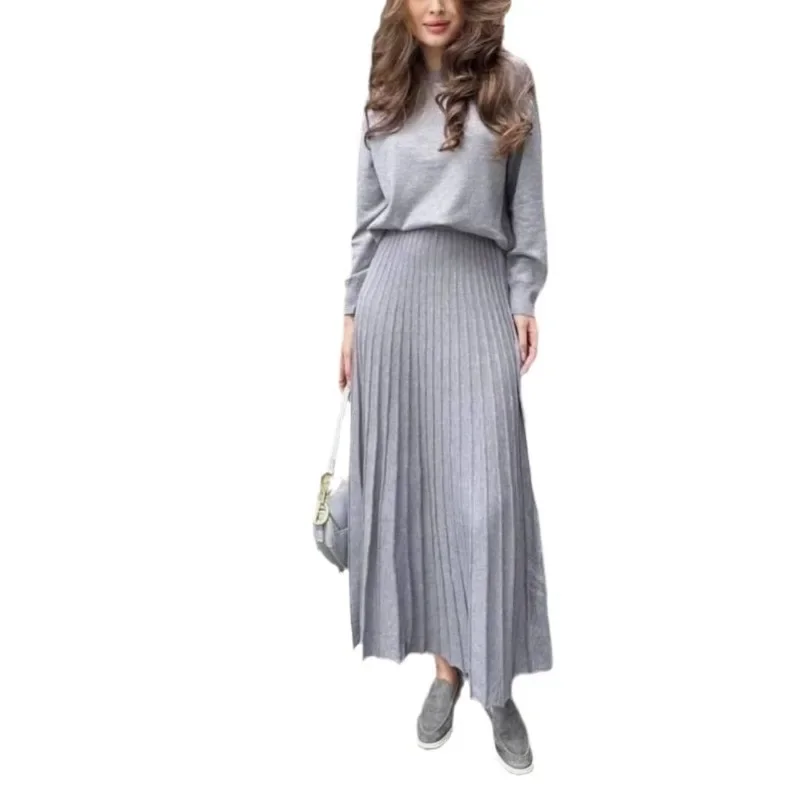 Sweater European and American 2024 Autumn Commuting Temperament Round Neck Solid Color Long Sleeved Pleated Skirt Suit for Women