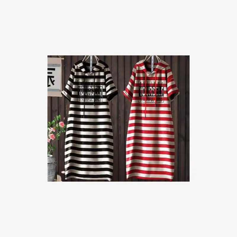 Été nouvelle grande taille rayé T-shirt Dr à capuche mi-longue imprimé femmes Dr a-ligne jupe ort Sve transfrontalier