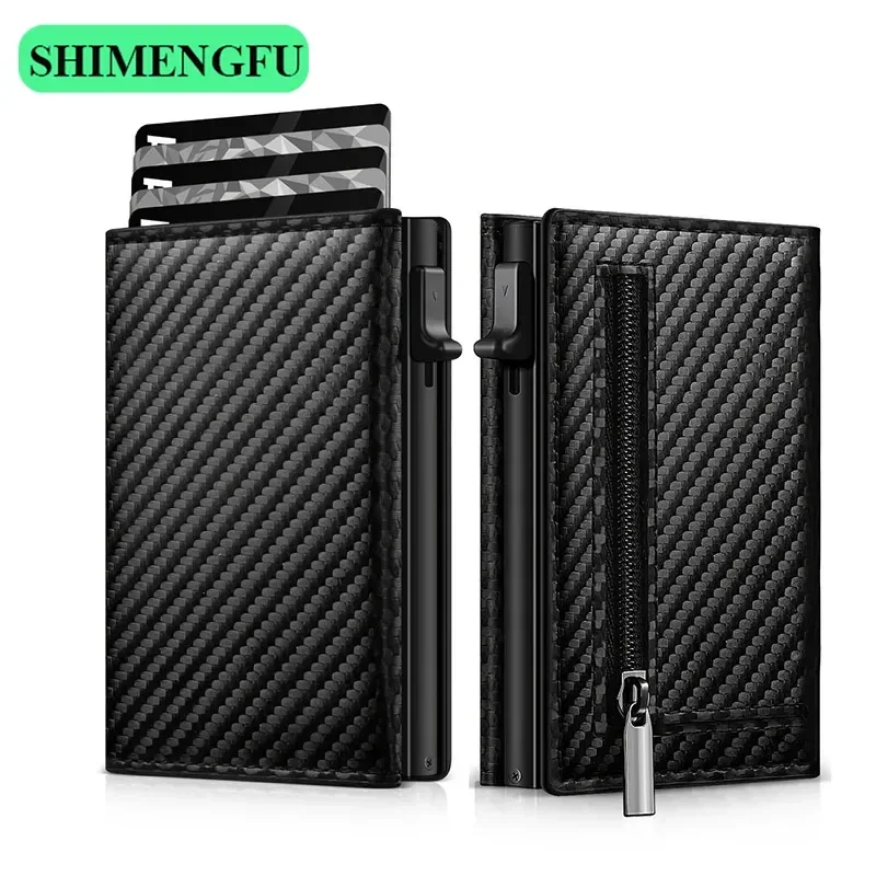Normcore Men's Carbon Fiber Minimalist Wallet RFID Blocking Zipper Coin Pocket Pop-Up Money Clip Credit Card Holder