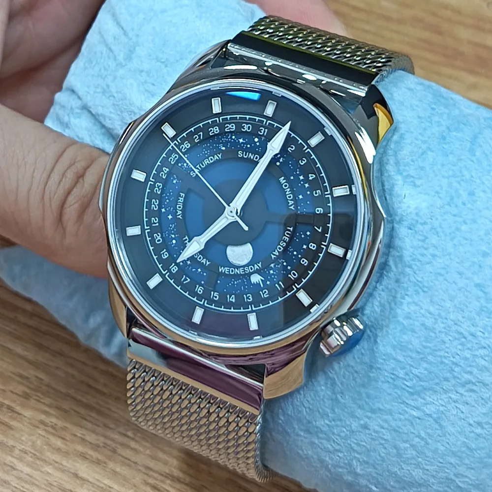 42mm Parnis Blue Romantic Starry Sky Dial Sapphire Crystal Stainless Steel Automatic Men Watch