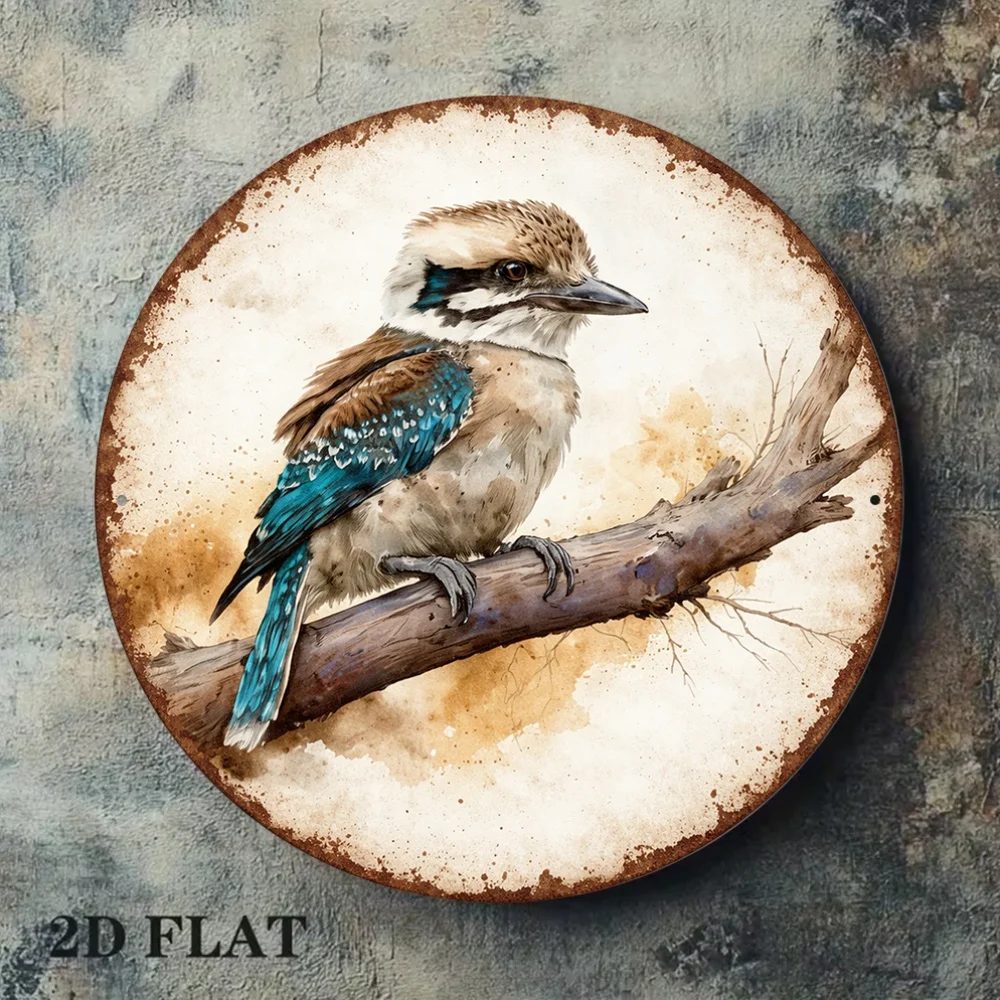 1pc 8*8In/20X20Cm 2D Flat Round Sign, Vintage Plaque about Kookaburras, Australian Bird Decoration Sign, Suitable for Bar Decora