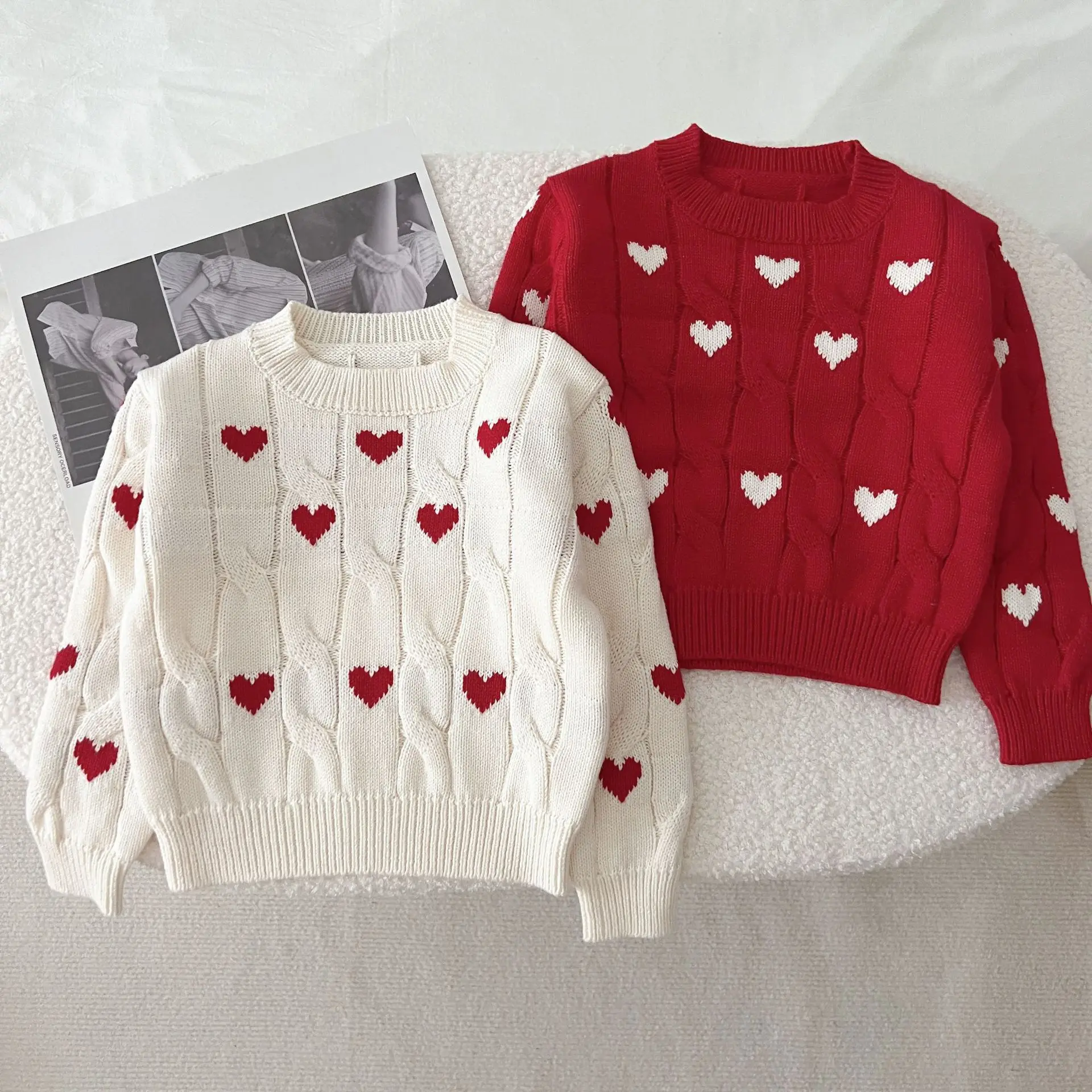 

2024 Spring New Baby Long Sleeve Knit Sweater Children Heart Print Casual Sweater Boys Girls O-neck Pullover Tops Kids Clothes