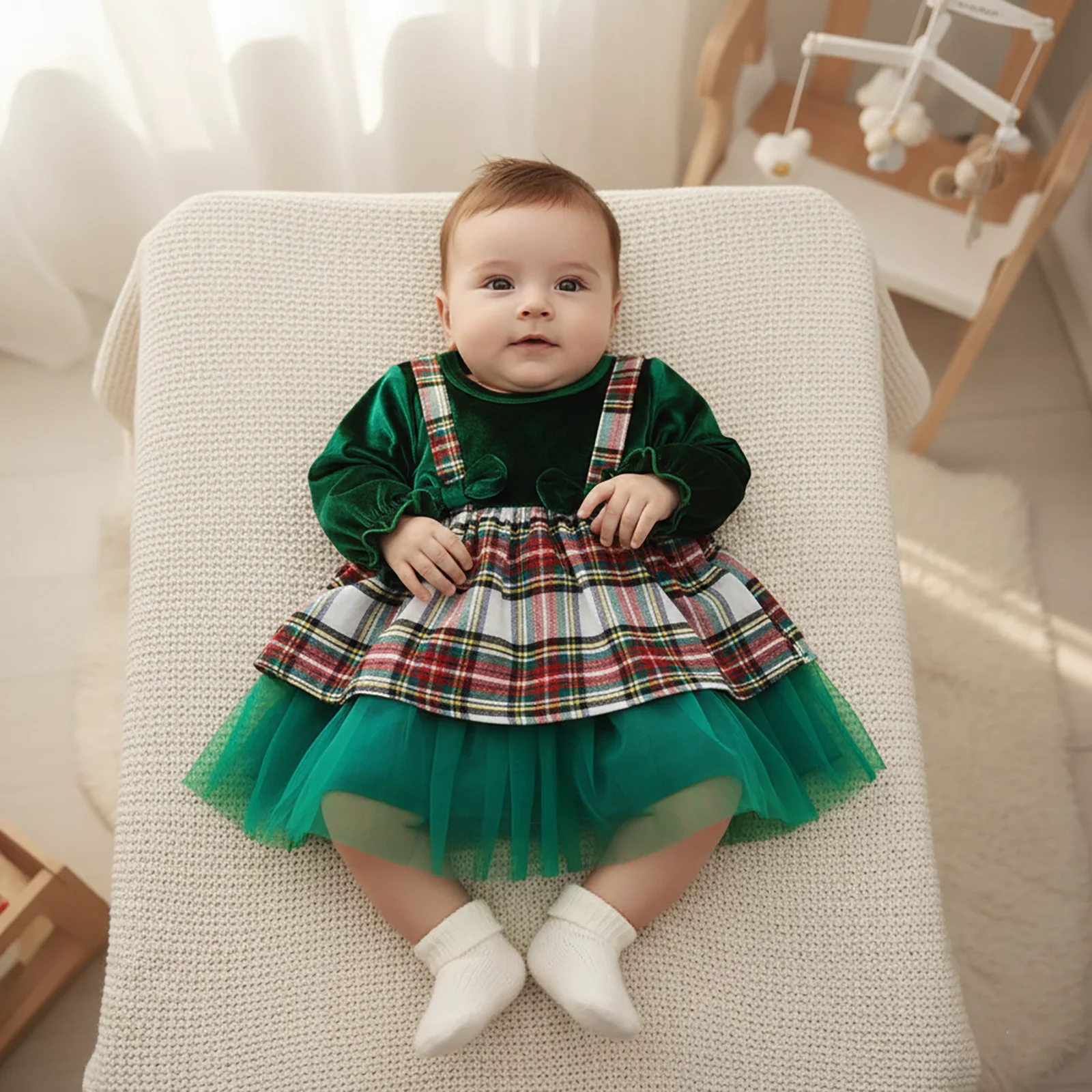 ViSgogo Toddler Girl Christmas Dress Long Sleeve Plaid Patchwork Velvet Dress Baby Holiday Outfit