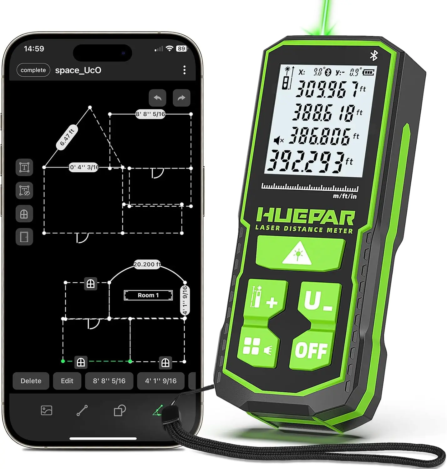 

395FT Green Laser Measuring Tool with Angle Sensor, ±1/16in Accuracy, Digital Distance Meter, Bluetooth App Control