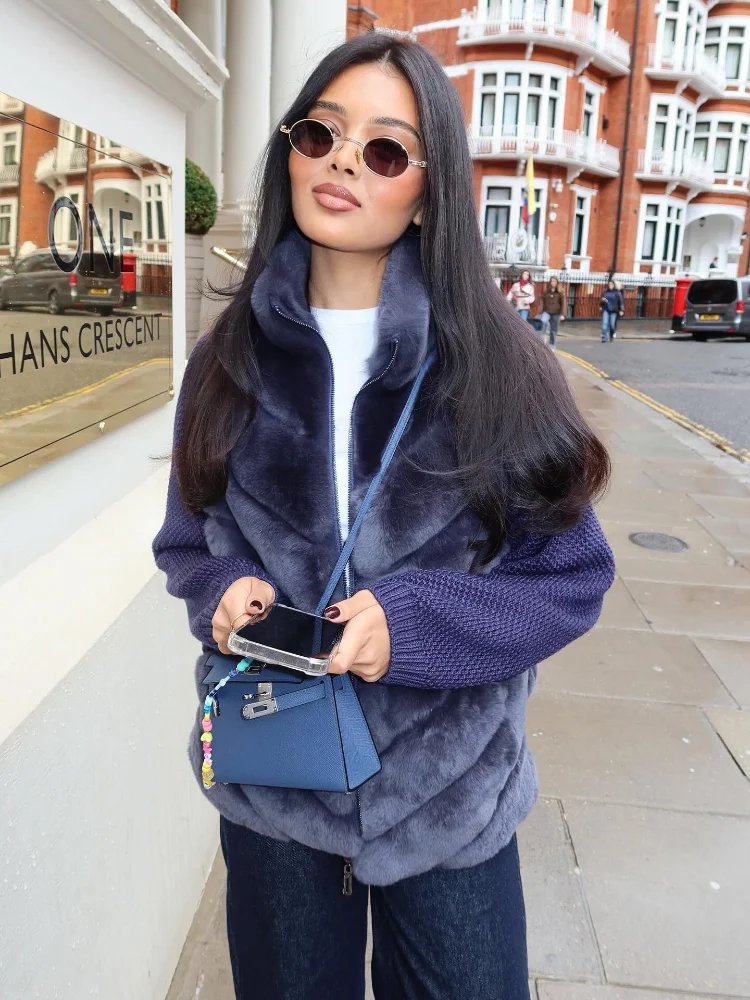 

Faux Fur Patchwork Women's Winter Coat Luxyry Stand Collar Zipper Jackets Splicing Knitted Sleeved Outwear 2025 New Lady Coats