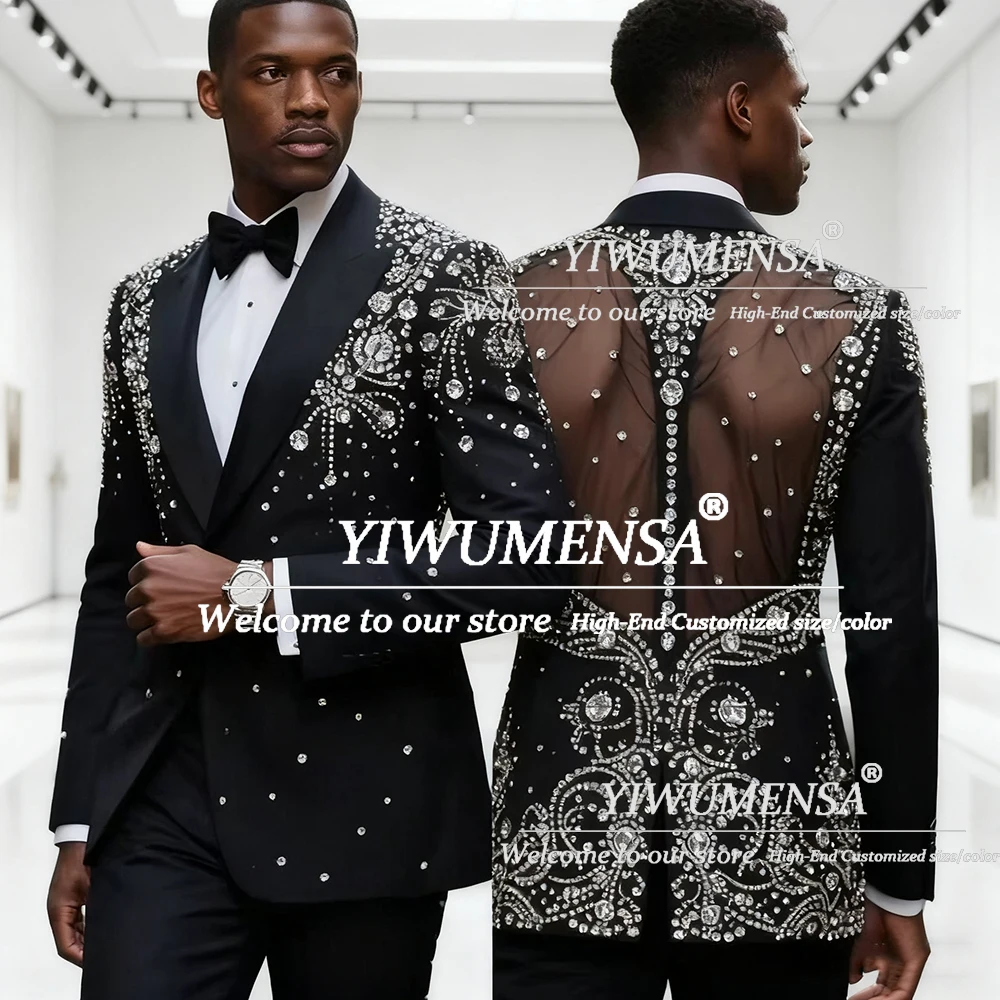 

Brilliant Diamond Beaded Suits Men For Wedding 2 Pieces Sets Unique Design Hollow-Out Prom Blazers Customized Man Banquet Tuxedo
