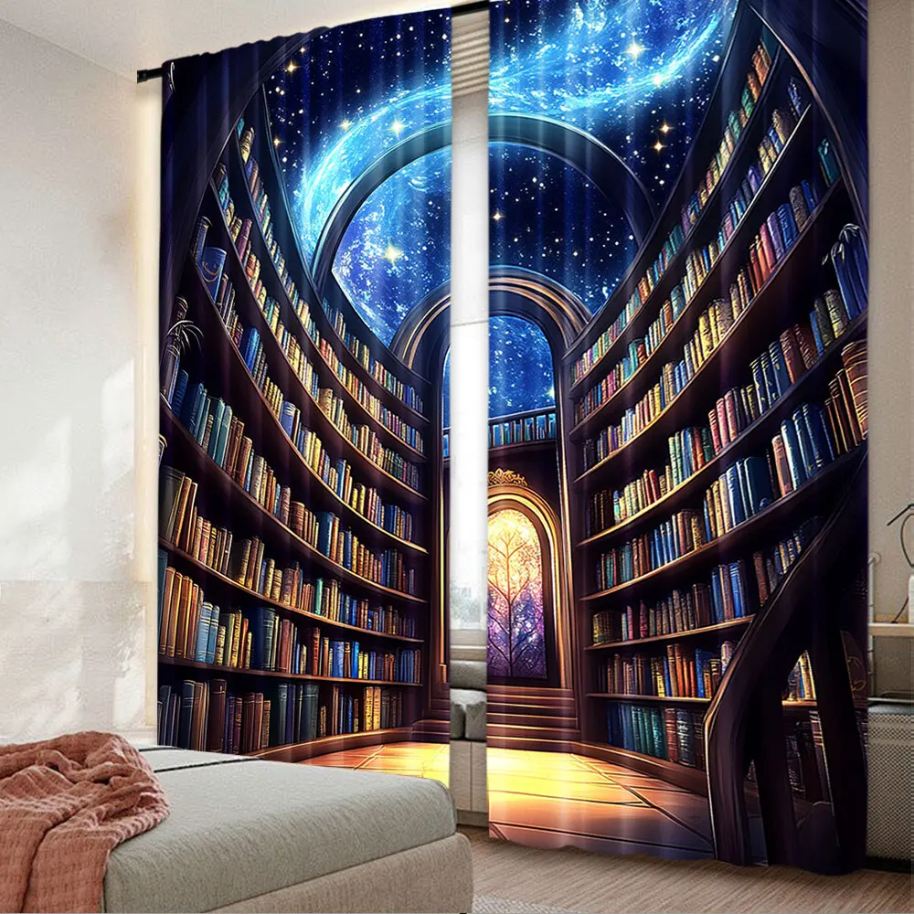 2Pcs Magic Library Fantasy Space Curtain Cool Vintage Bookshelf Galaxy Witchy For Living Room Bedroom And Many Other Occasions