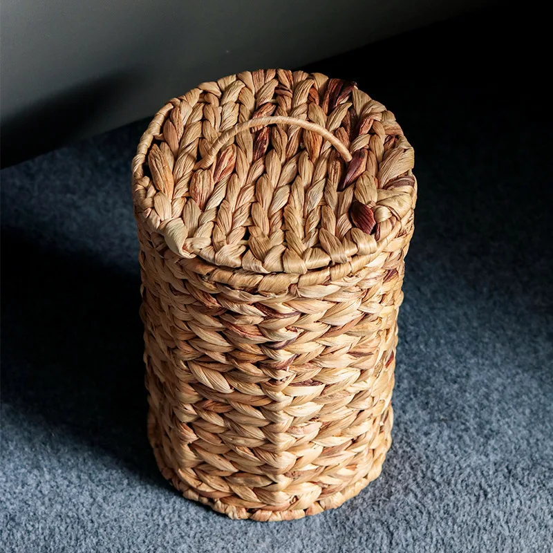 

Handmade Woven Trash Can Hyacinth Grass Rustic Bathroom Bin Decorative Wicker Waste Basket Compact Bedroom Countertop Organizer