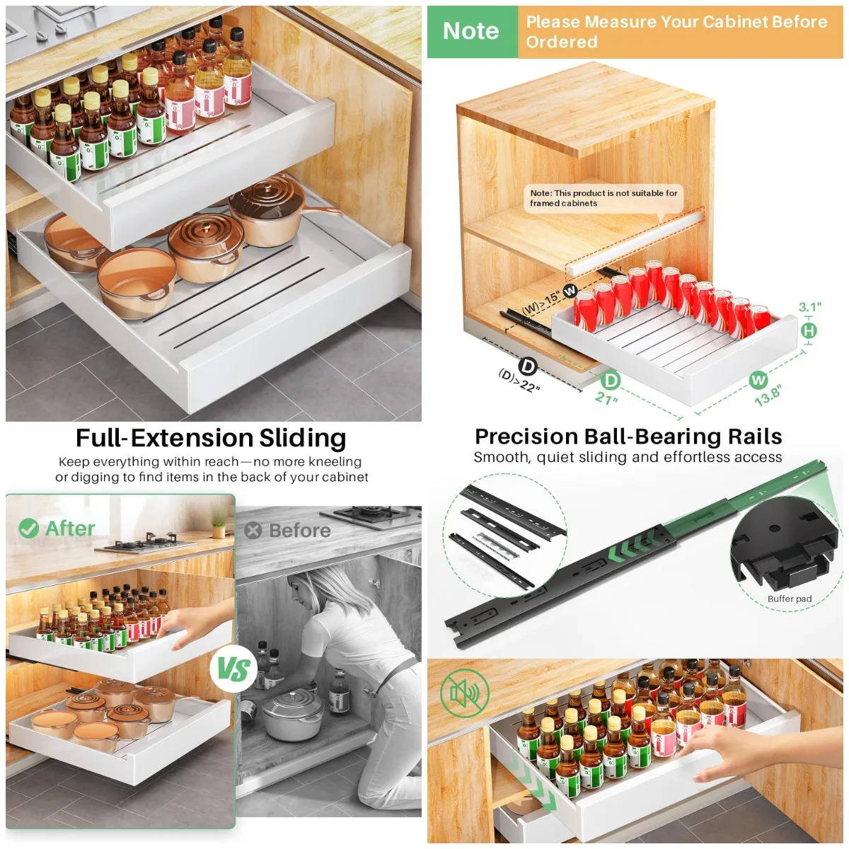 

Pull Out Cabinet Organizer, 21' Deep, Heavy Duty Slide Out Drawers with Nano Adhesive for Kitchen, Bathroom, Pantry, Under Sink