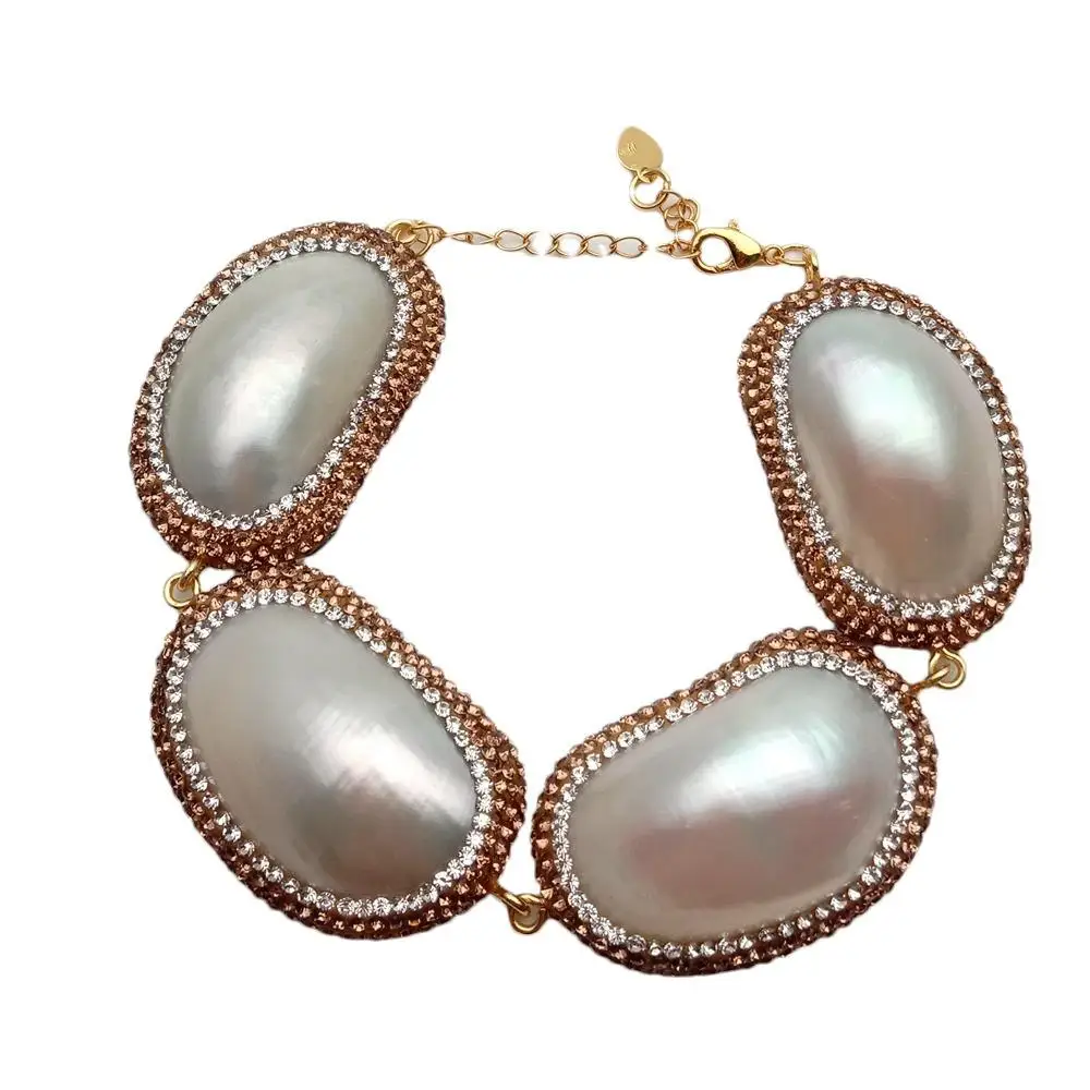YYGEM 27x39mm Natural White Sea Shell Gold Crystal Pave Bracelet  Big Statement Bracelet  Jewelry Gift