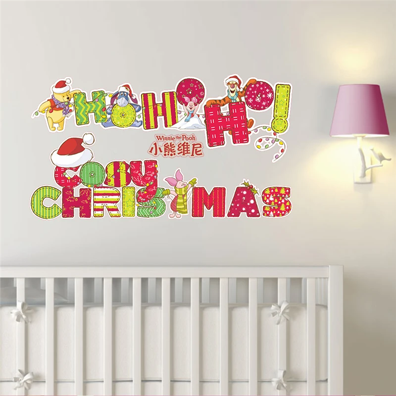 Cartoon Winnie The Pooh Bear Christmas Wall Sticker Kindergarten Bedroom Wall Decoration Kids Christmas Gift  Door Sticker