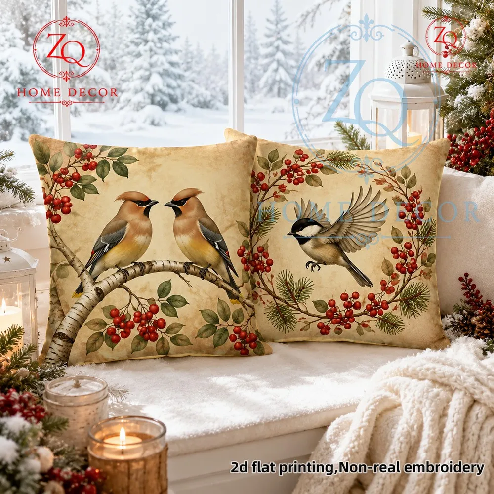 Retro Christmas floral  bird throw pillowcase American country style velvet cushion cover festive home decor item.