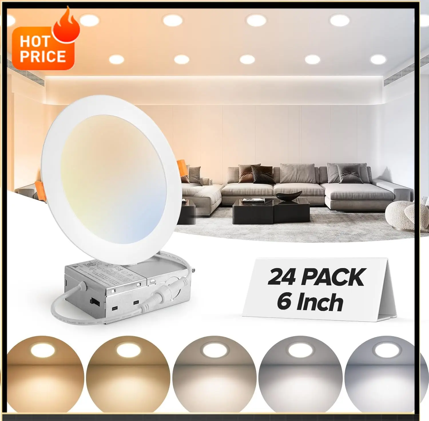 

Bestseller24 Pack 6 Inch 5CCT Ultra-Thin LED Recessed Ceiling Light with Junction Box, 2700K-5000K Selectable, 1050LM High Brigh