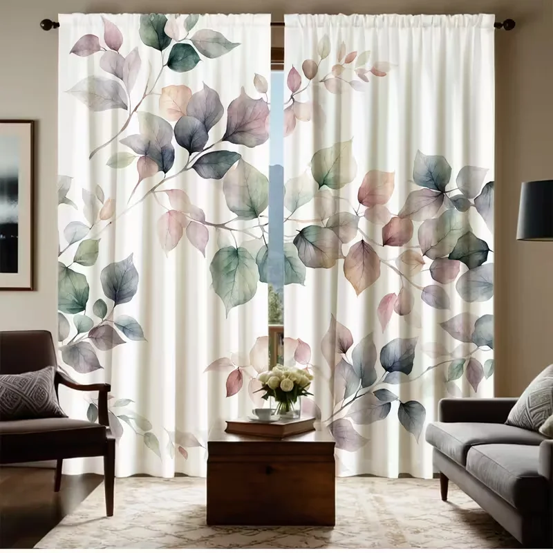 2pcs Watercolor Leaf Floral Pattern Curtains, Designed for Light Blocking, Premium Material, Suitable for Kitchen, Living Room,