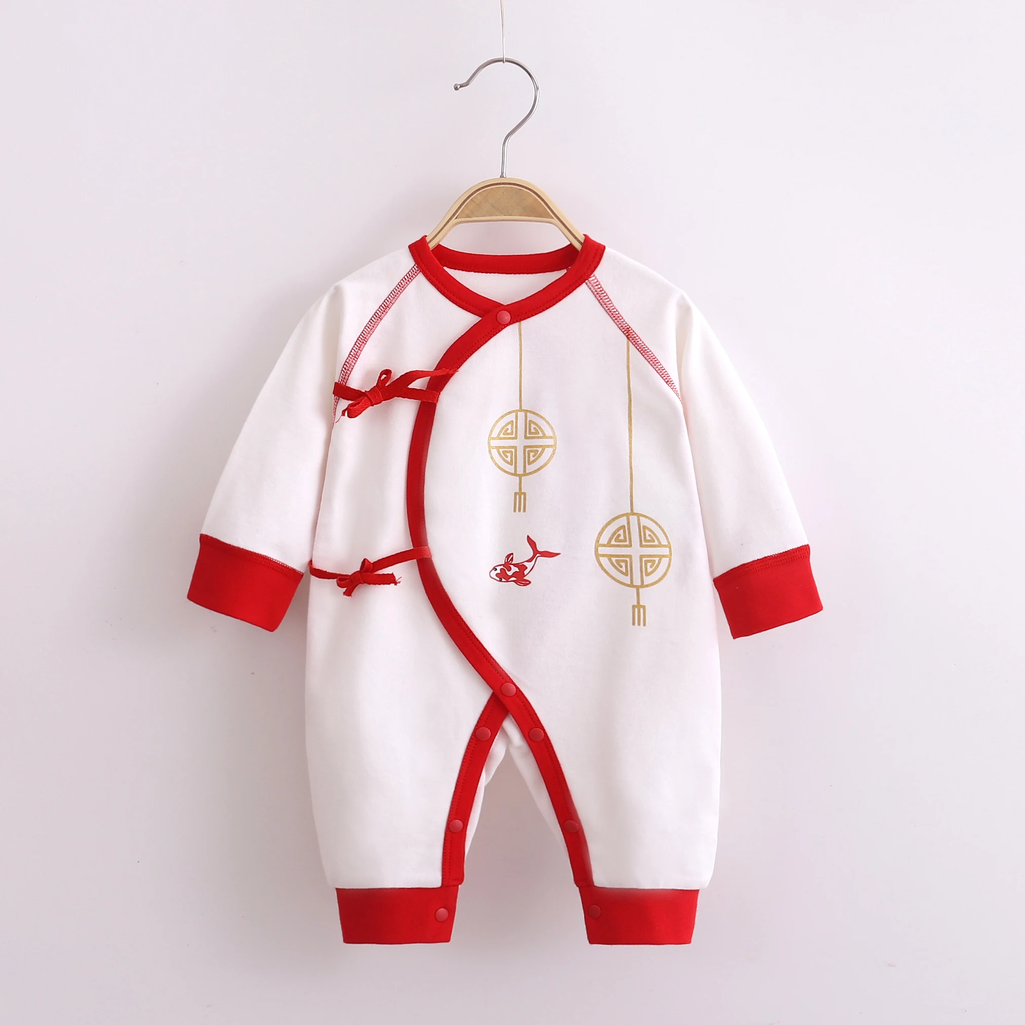 Baby Full-Month Outfit for Boys and Girls, Red Chinese-Style Tie-Front Monk-Style Romper for New Year, Newborn Clothing