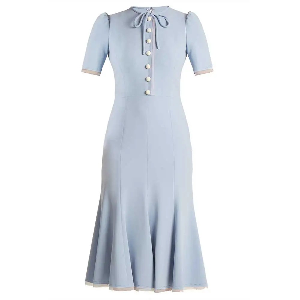 YUNLAN Light Blue Round Neck Skirt Elegant Lady Classmate Gathering Gown Short Fishtail Skirt Suitable For Graduation Ceremony