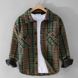 Autumn Winter High Street New Men's Polyester 100% Patchwork Plaid Button Casual Shirts For Men Pocket Outdoor Thicken Clothes