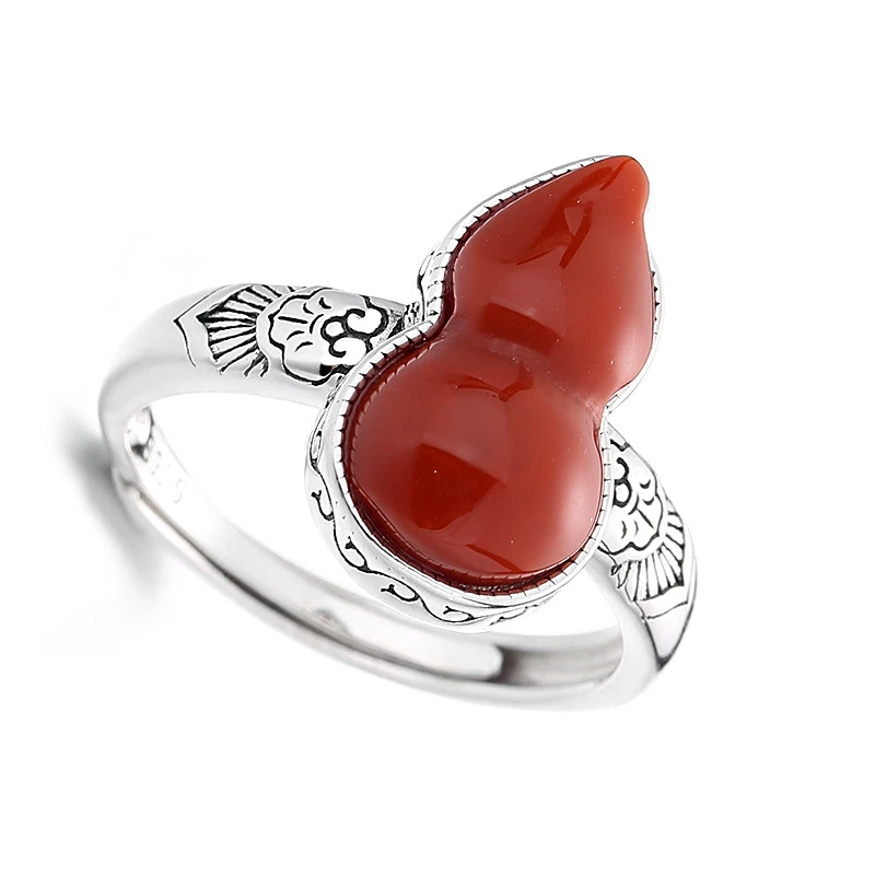 925 Sterling Silver Ring Women High Quality Fine Jewelry Large Gourd Shape Red Agate Gemstones New In Adjustable Ring Trend 2024