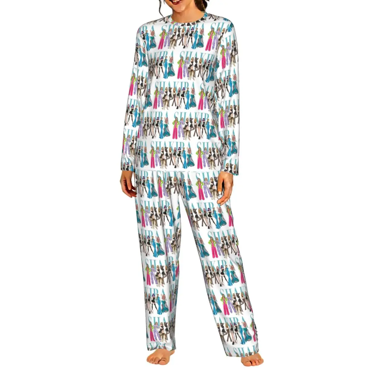 Shakira Hawaiian Travel Print 7 Round Neck Long Sleeve Nightgowns for Sleeping Sleepshirts Women Soft Pajama Set Long Pants